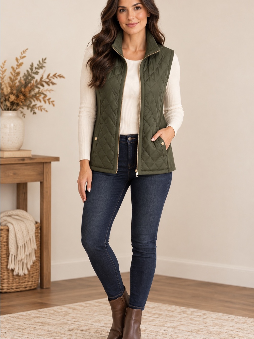 Quilted Olive Green Women's Vest with gold zipper. Fancy Fancy size M